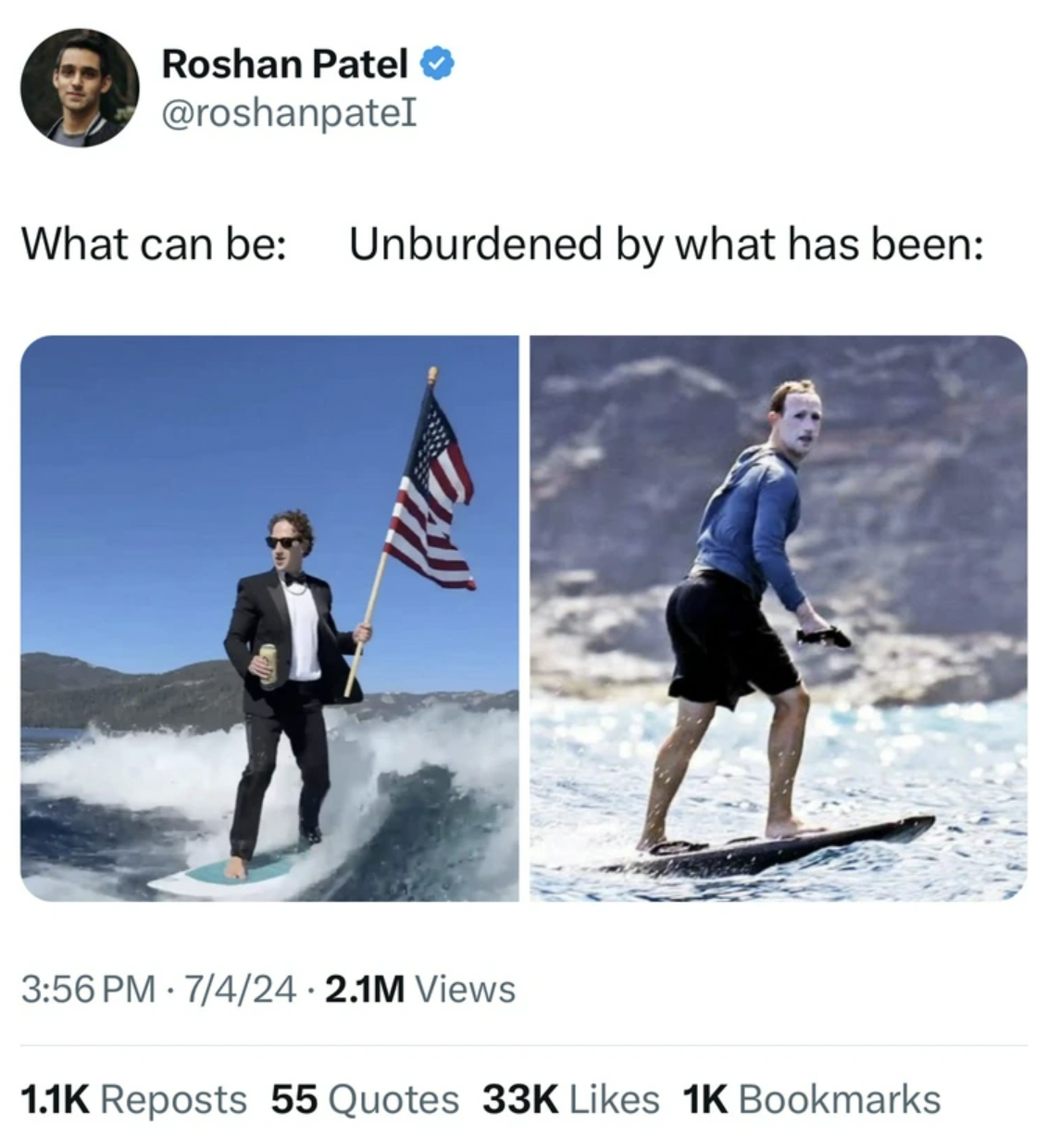 mark zuckerberg sunscreen - Roshan Patel What can be Unburdened by what has been 7424 2.1M Views Reposts 55 Quotes 33K 1K Bookmarks